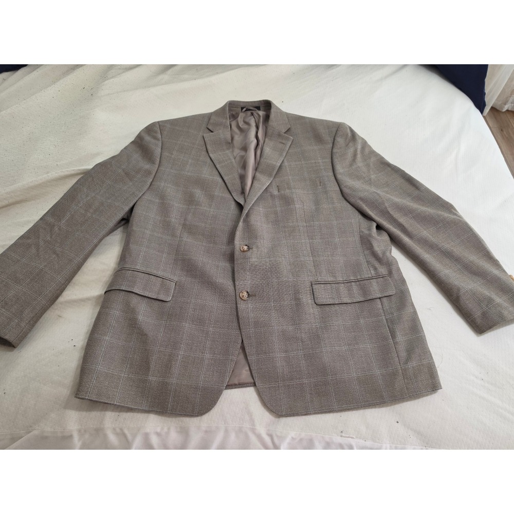 Lauren Ralph Lauren Silk Wool Blazer 48R Tan Glen Plaid Blue Windowpane Jacket